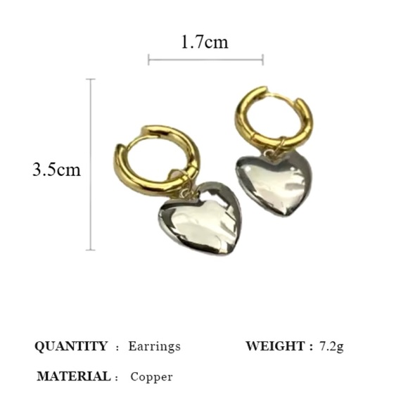 Giulia -Mixed Color Gold And Silver Heart Minimalist Hoop Earrings.Heart Pendant - Picture 11 of 12